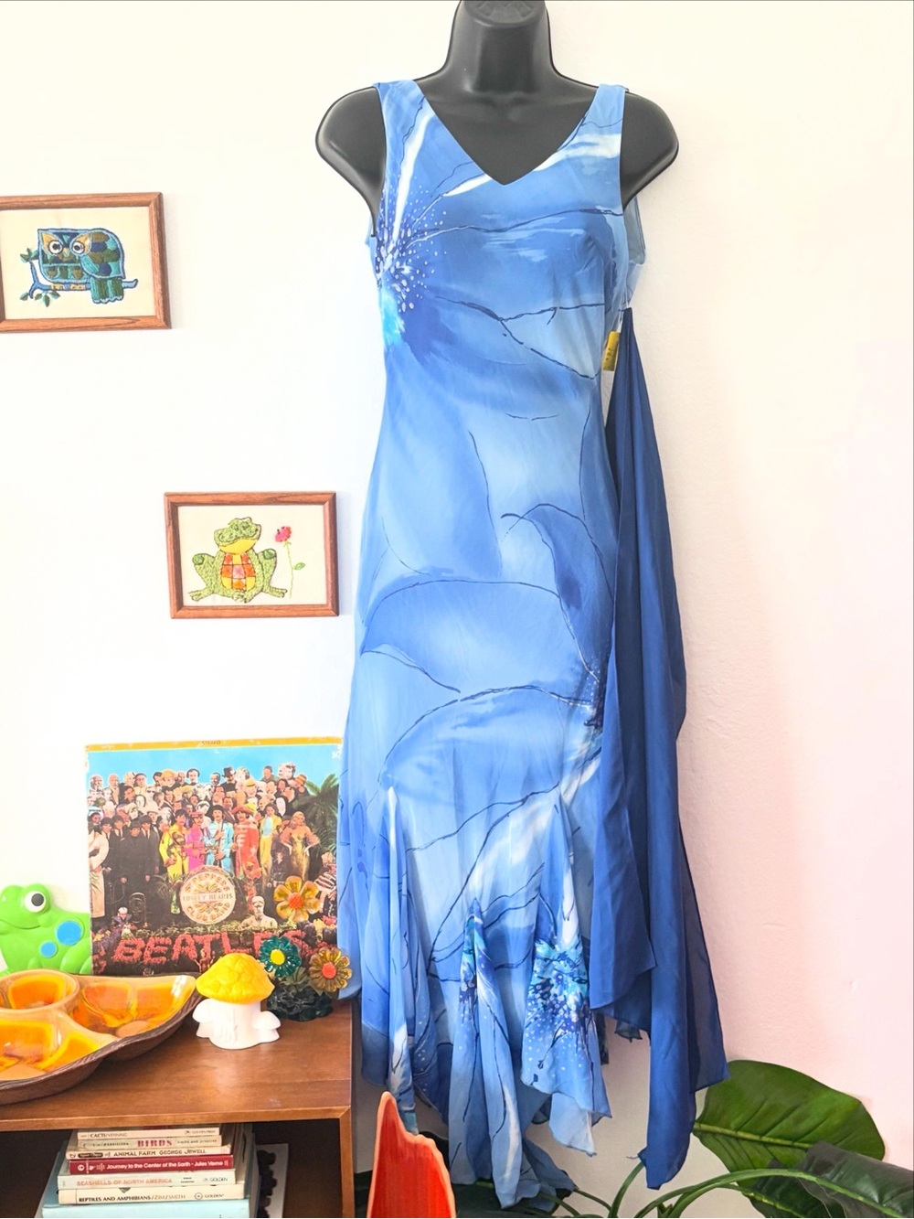 Y2K Sugar Blue Floral V-Neck Fairycore Bias Cut Maxi Dress See Photos
